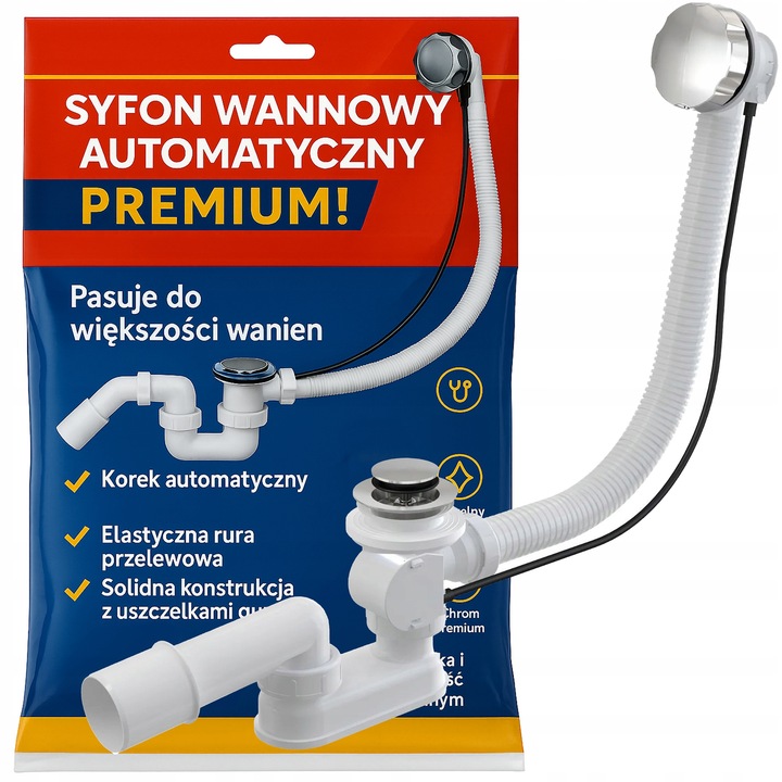 SYFON WANNOWY AUTOMATYCZNY Z POKRĘTŁEM CHROMOWANY CHROM DO WANNY