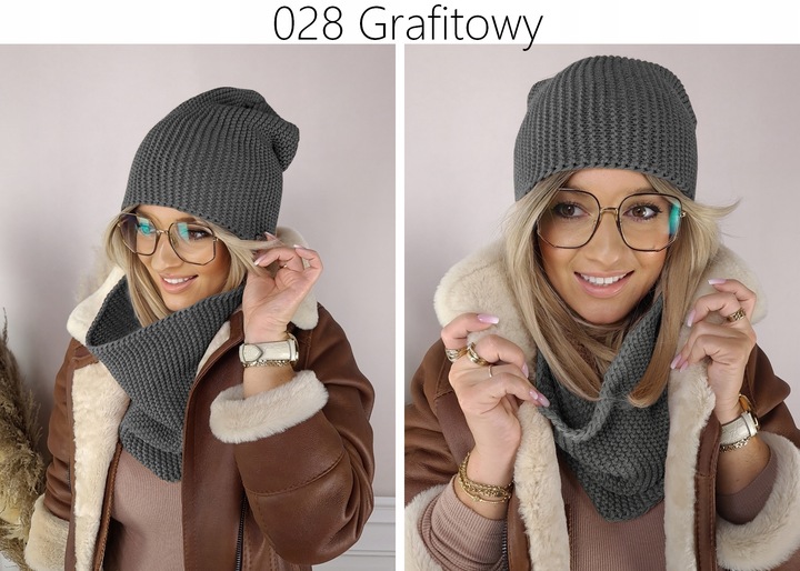 CIEPŁY KOMPLET CZAPKA + KOMIN damski POLSKI zimowy szal CIEMNA