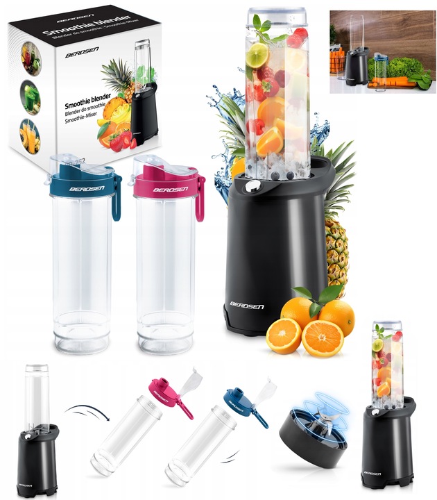 BLENDER SMOOTHIE Z 2 BIDONAMI 350W BERDSEN + 2 BIDONY BUTELKI 0,57L CZARNY