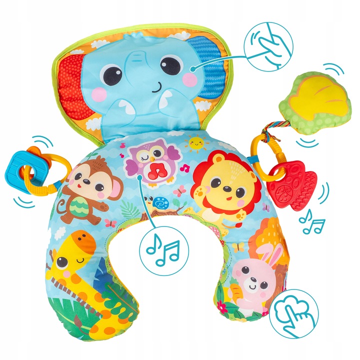 Poduszka dla dziecka interaktywna podróżna rogal grzechotka gryzak dźwięk