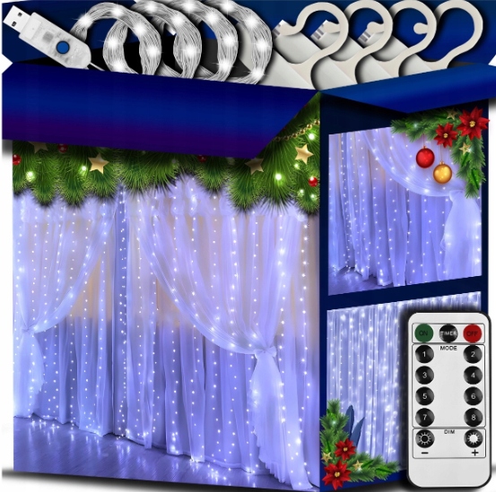 KURTYNA ŚWIETLNA kurtyna LED 2x2 m 200 LED USB pilot+ haczyki BIAŁY ZIMNY
