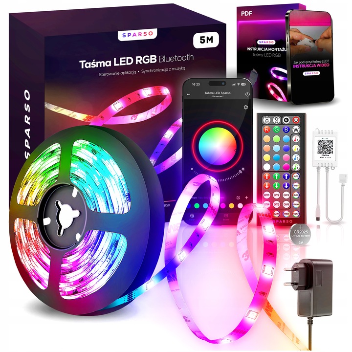 TAŚMA LED RGB 5M LEDY 230V 12V z PILOTEM Bardzo mocna ZESTAW +