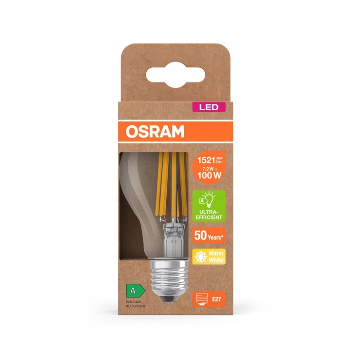 Żarówka LED A60 E27 7,2W = 100W 1521lm 2700K FILAMENT 212lm/W Klasa A
