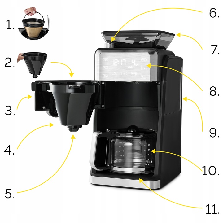 Ekspres przelewowy do kawy z Młynkiem żarnowym Yoer 1520W 1,5L