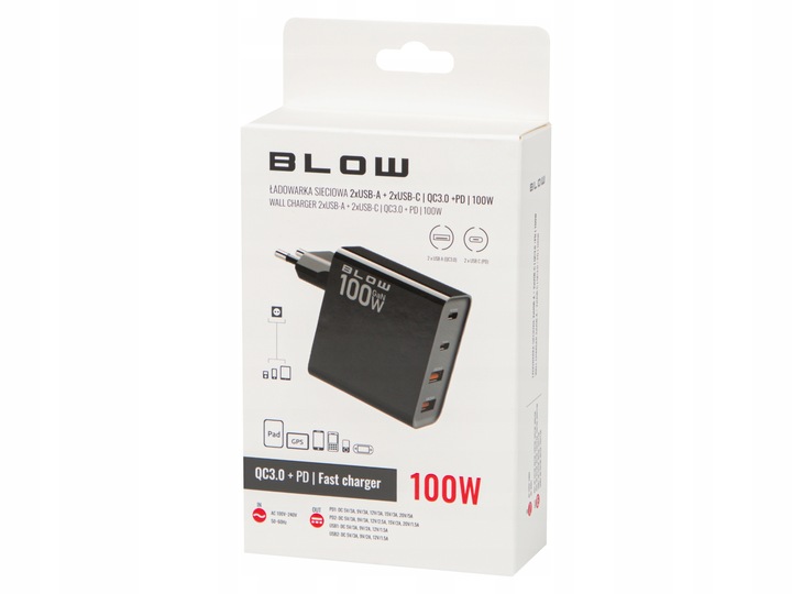 SZYBKA ŁADOWARKA SIECIOWA GaN 100W 2x USB 2x USB-C QC 3.0 + PD UNIWERSALNA