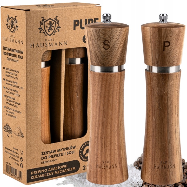 MŁYNEK RĘCZNY DO SOLI i PIEPRZU DREWNIANY ZESTAW 2 KARL HAUSMANN