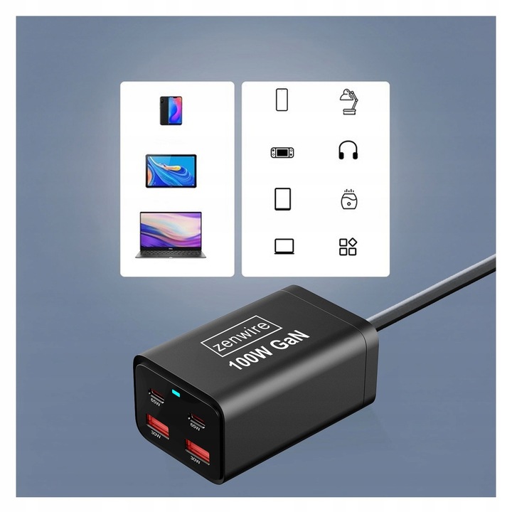 Ładowarka Sieciowa Zasilacz 100W Kostka GaN 3 Kabel AC 2x USB-C 65W 2x USB