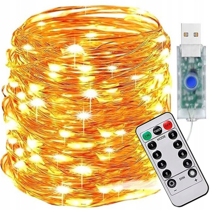 LAMPKI DRUCIKI 200 LED ŚWIATEŁKA CHOINKOWE 20M USB NA PILOTA BIAŁY CIEPŁY