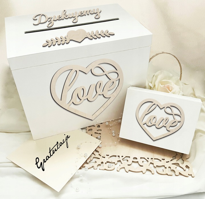 Białe pudełko skrzynka na ślub i wesele komplet zestaw obrączki i koperty