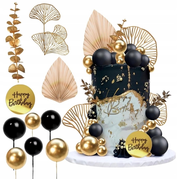 DEKORACJA TOPPER NA TORT ZŁOTE CZARNE KULE MIX NA PIKU WACHLARZE LIŚCIE