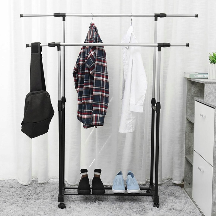 PODWÓJNY WIESZAK METALOWY TELESKOPOWY REGULOWANY SZAFA NA UBRANIA