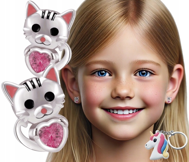 SREBRNE KOLCZYKI DLA DZIEWCZYNKI DZIECI KOTKI SZTYFTY WKRĘTKI SREBRO 925