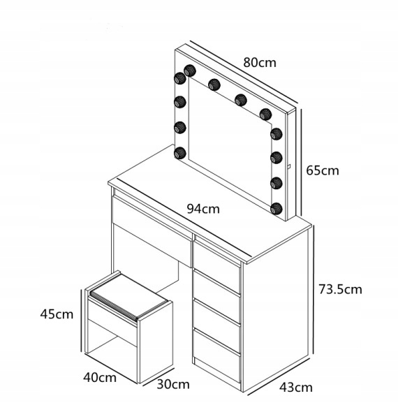 TOALETKA KOSMETYCZNA BIAŁA Reha M z OŚWIETLENIEM Z LUSTREM LED TABORETEM