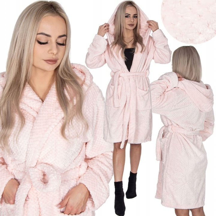 SZLAFROK DAMSKI CIEPŁY Z KAPTUREM R.S/M WIĄZANY W TALII GRUBY DŁUGI MIĘKKI