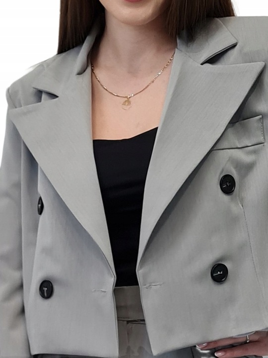 Nowoczesny GARNITUR DAMSKI Szary, Krótka Marynarka i Szerokie Spodnie, r.M