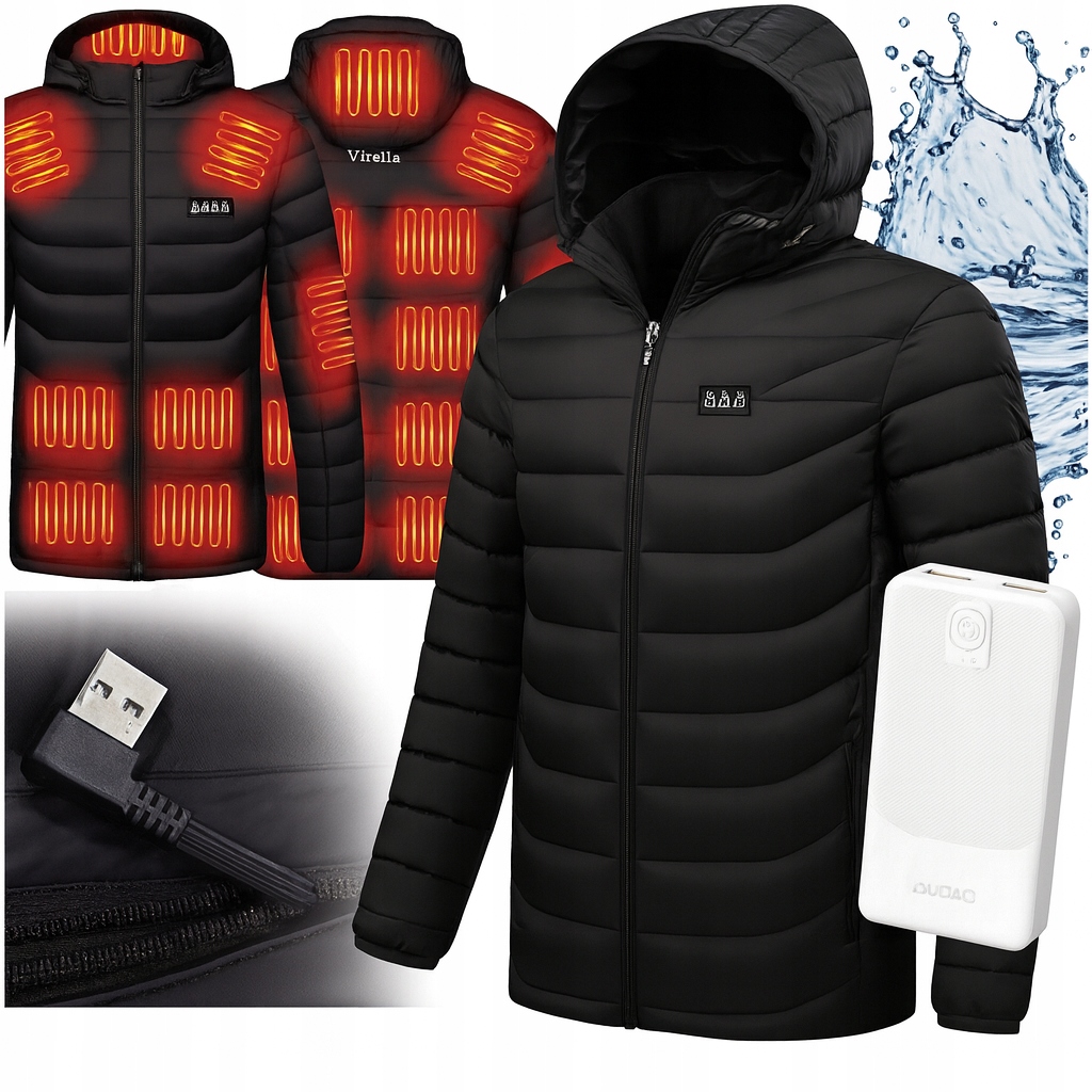 KURTKA ZIMOWA Z KAPTUREM PIKOWANA PODGRZEWANA 21 STREF USB XL + POWERBANK