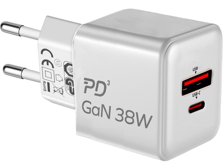 SZYBKA ŁADOWARKA SIECIOWA 38W 2xUSB | Power Delivery PD TYPE-C | USB QC 3.0