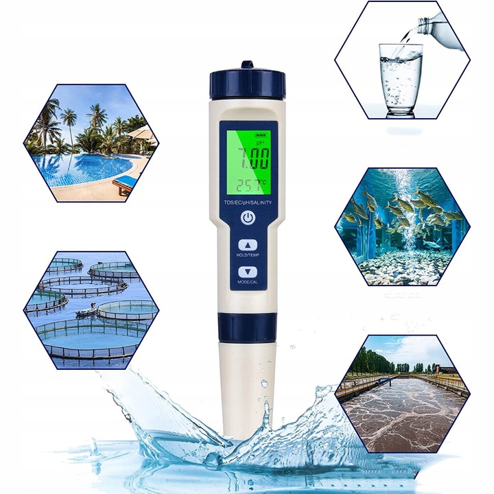 MIERNIK ELEKTRONICZNY TEMPERATURA TESTER PH/TDS/EC/SALINITY/ WODY TESTER
