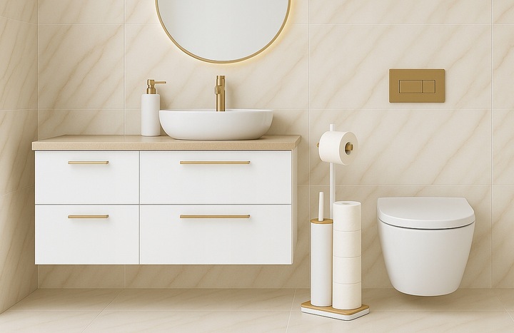 Stojak na papier toaletowy z uchwytem i szczotką WC biały bambus YOKA