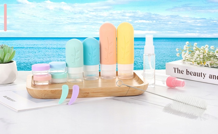 KOSMETYCZKA PODRÓŻNA POJEMNIKI DO SAMOLOTU BUTELKI ZESTAW 19 EL. Z SUWAKIEM