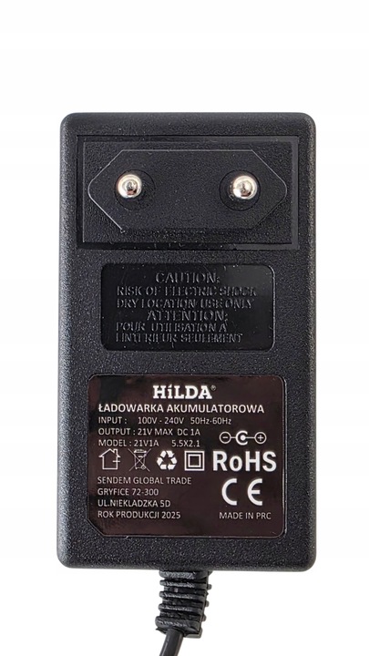 HILDA ŁADOWARKA ZASILACZ PIŁY WKRETARKI 21V 1A 21W WTYK 2.1/5.5 MM LED