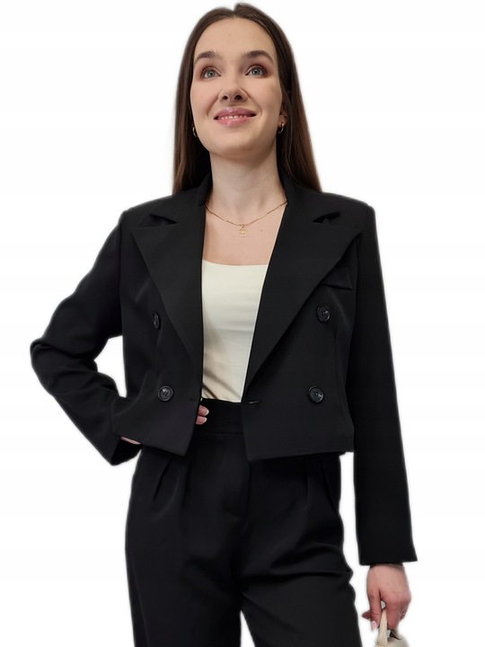 Modna MARYNARKA KRÓTKA Czarna, Nowoczesny Żakiet Damski do Garnituru, r. M