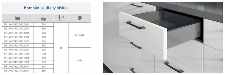 SZUFLADA GTV AXIS PRO 550C1 WYSOKA L550 H167 BIAŁA CICHY DOMYK WYSUW