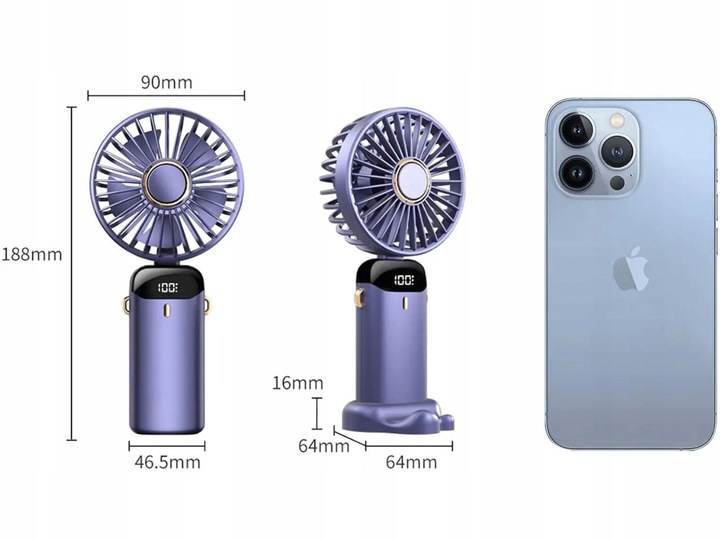 WENTYLATOR RĘCZNY LED 5 PRĘDKOŚCI WIATRAK MINI CICHY SKŁADANY PODRÓŻNY