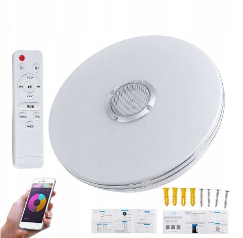 Lampa plafon LED RGB Kolorowa GŁOŚNIK Bluetooth 60w + Pilot Aplikacja
