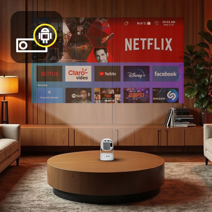 PROJEKTOR RZUTNIK ANDROID TV WIFI BEZPRZEWODOWY OBROTOWY LED PRZENOŚNY