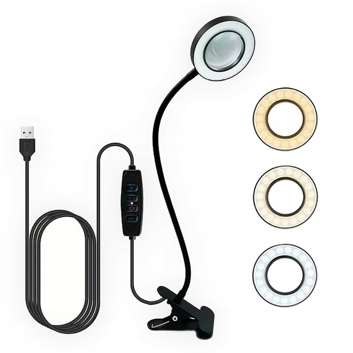 LAMPKA LED BIURKOWA KLIPS DO CZYTANIA USB 3 ODCIENIE ŚWIATŁA REGULACJA 360