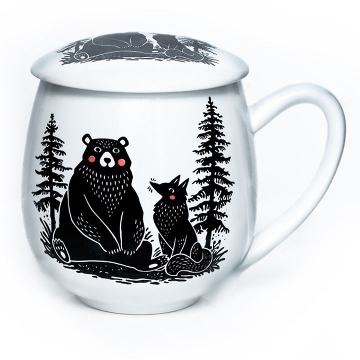 Idealny kubek porcelanowy z zaparzaczem oraz pokrywką miś i lis do naparu