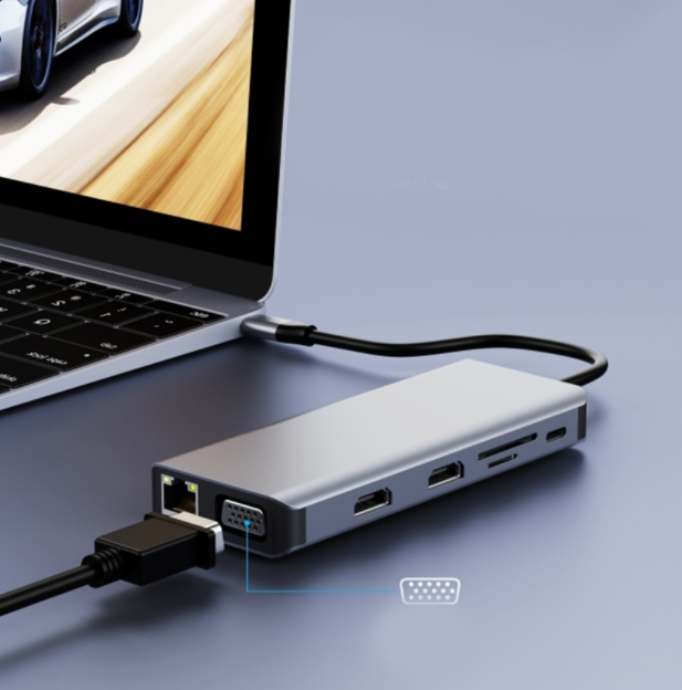 ADAPTER HUB Stacja Dokująca 12w1 USB-C 2x HDMI VGA USB Jack SD Ethernet LAN