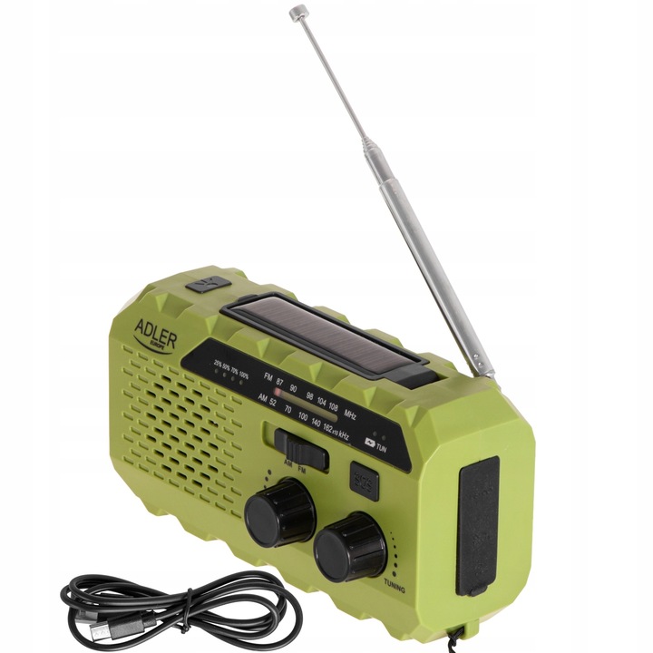 Radio przenośne solarne korbka dynamo latarka USB SOS alarm ADLER