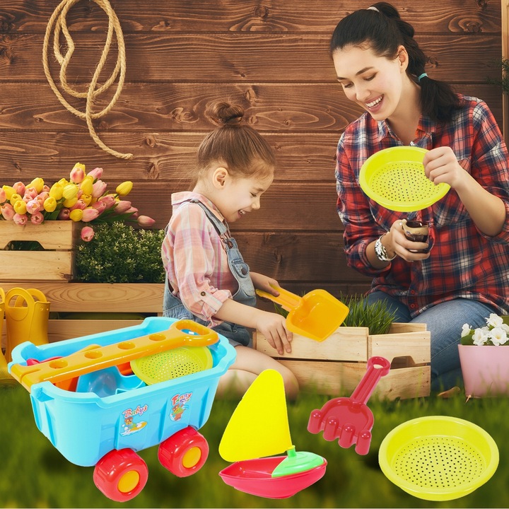 ZESTAW DO ZABAWY W PIASKU PIASKOWNICY WÓZEK TACZKA FOREMKI ŁOPATKI
