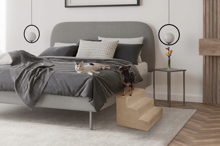 Schodki dla psa 3-stopnie tapicerowane piaskowe podest dla psa do kanapy