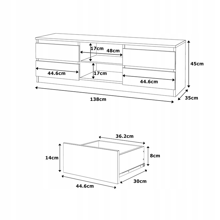 Szafka RTV 138cm Stolik pod TV Komoda stojąca 4 szuflady ANTRACYT DĄB