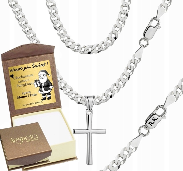 Łańcuszek Srebrny Męski Pancerka Pełny 3,80 mm z Krzyżykiem Grawer Gratis