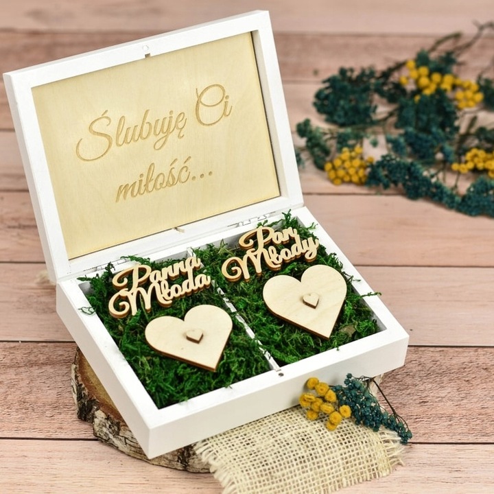 PUDEŁKO Na Obrączki z Tekstem BIAŁE Mech Ślub