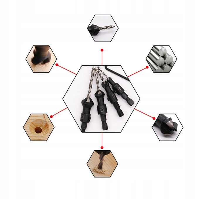 Wiertła do Drewna z Gzymką Fazownikiem + IMBUS nawiertaki z