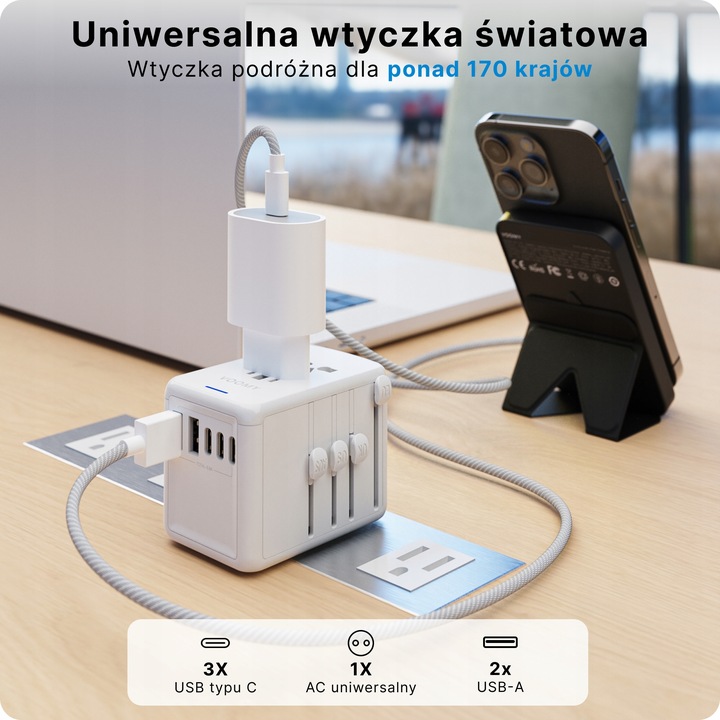 Adapter Podróżny VOOMY Y29 Z Ponad 170 Narodów - 2 Usb A 3 Usbc Biały