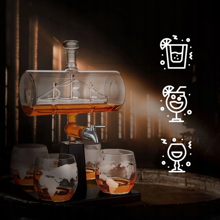Zestaw do Whisky Karafka z Kranikiem Statek 4 Szklanki Prezent dla Faceta
