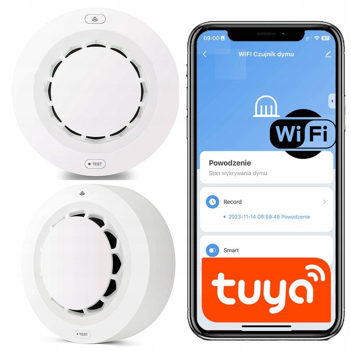 CZUJNIK DYMU OGNIA WIFI ALARM CZUJKA TUYA SMART Z SYRENĄ NA BATEIRE