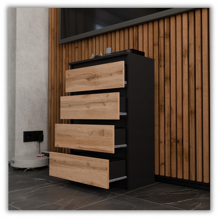 KOMODA Z SZUFLADAMI CZARNA DĄB WOTAN 60CM NOWOCZESN POJEMNA SZAFKA RTV