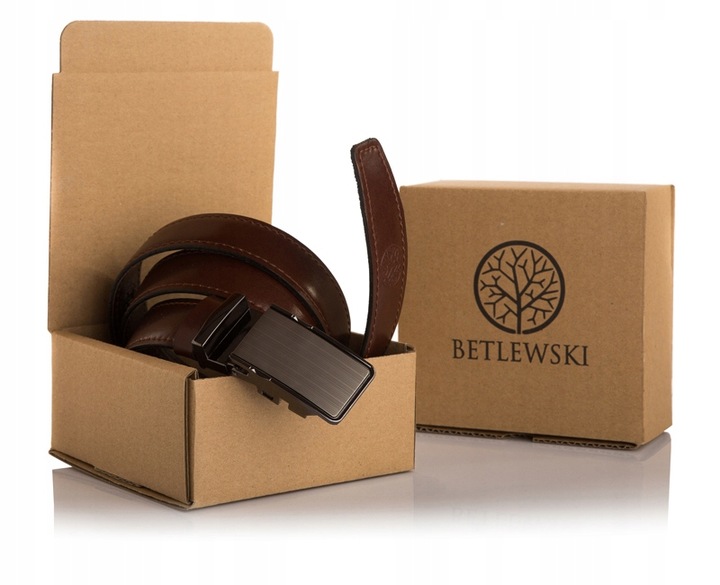 Pasek skórzany męski Betlewski brązowy klamra automat prezent + certyfikat