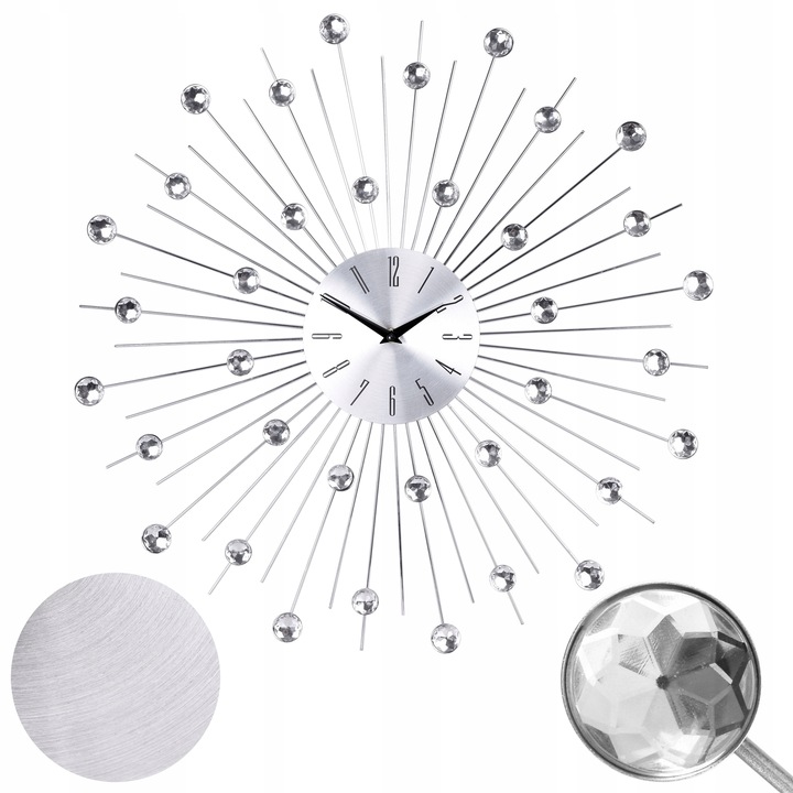 ZEGAR ŚCIENNY KRYSZTAŁKI SREBRNY SŁOŃCE DUŻY STYLOWY NA ŚCIANĘ CRISTAL 50cm