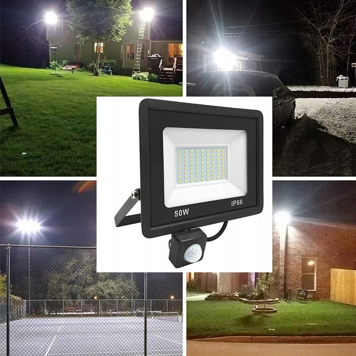 HALOGEN Z CZUJNIKIEM NAŚWIETLACZ LAMPA LED 50W 4500lm IP66 NEUTRALNY