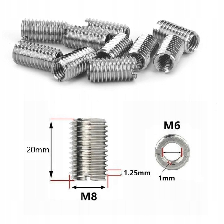 10X Tulejki do naprawy gwintu M8/M6 redukcja L=20mm stal nierdzewna