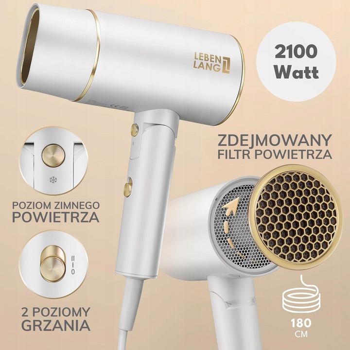 Suszarka do włosów mała LEBENLANG 2100W jonizacja składana zimny