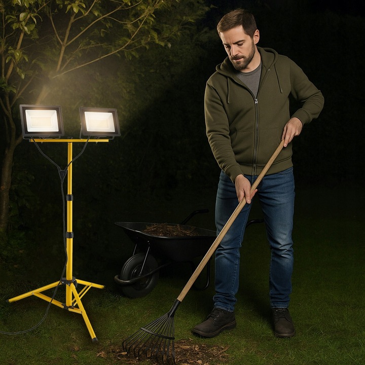 Halogen LED Statyw Budowlany Naświetlacz 2X 100W + Przewód Zestaw